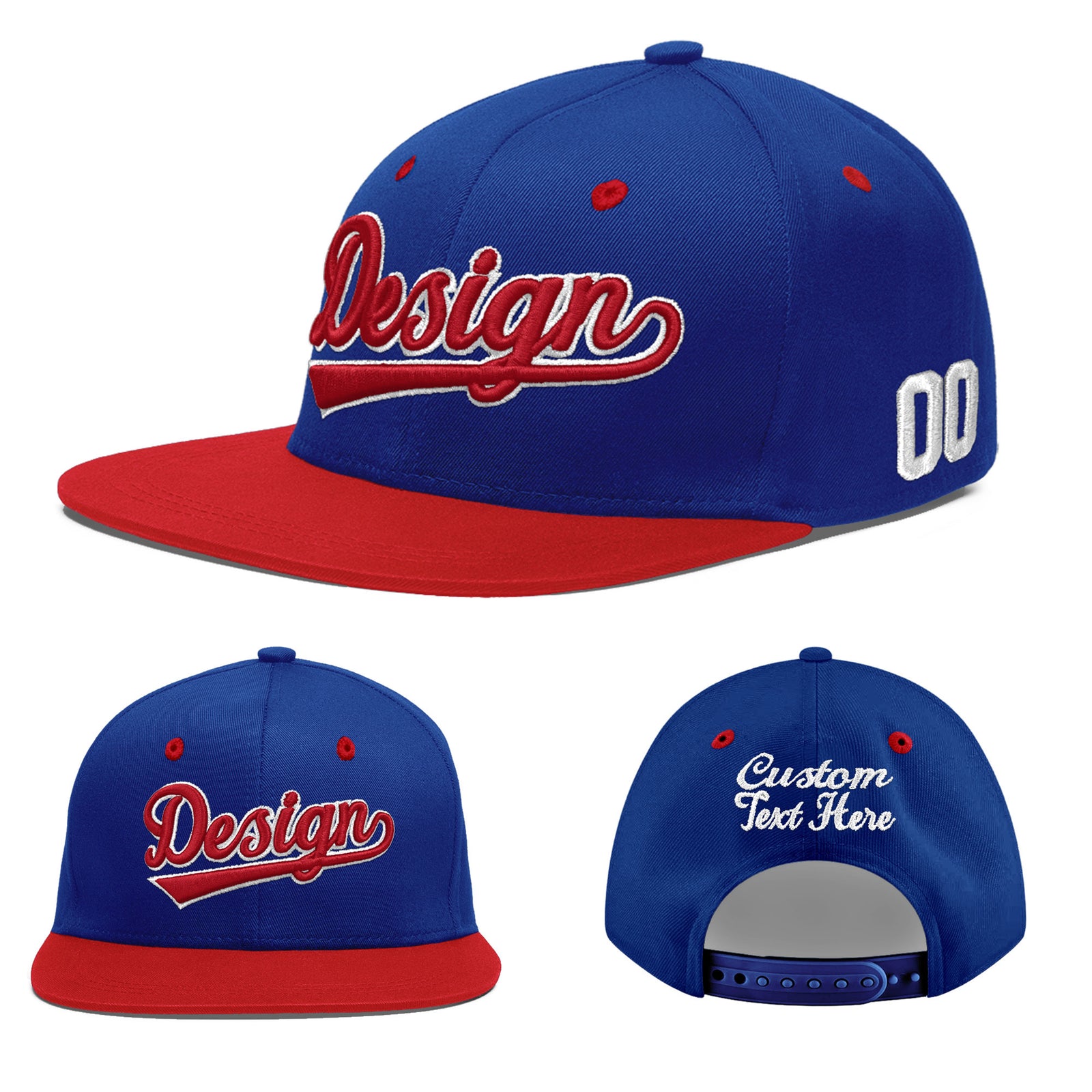Custom Royal Blue Red 3D Puff Embroidery Flat Embroidery Casual Sport Baseball Cap