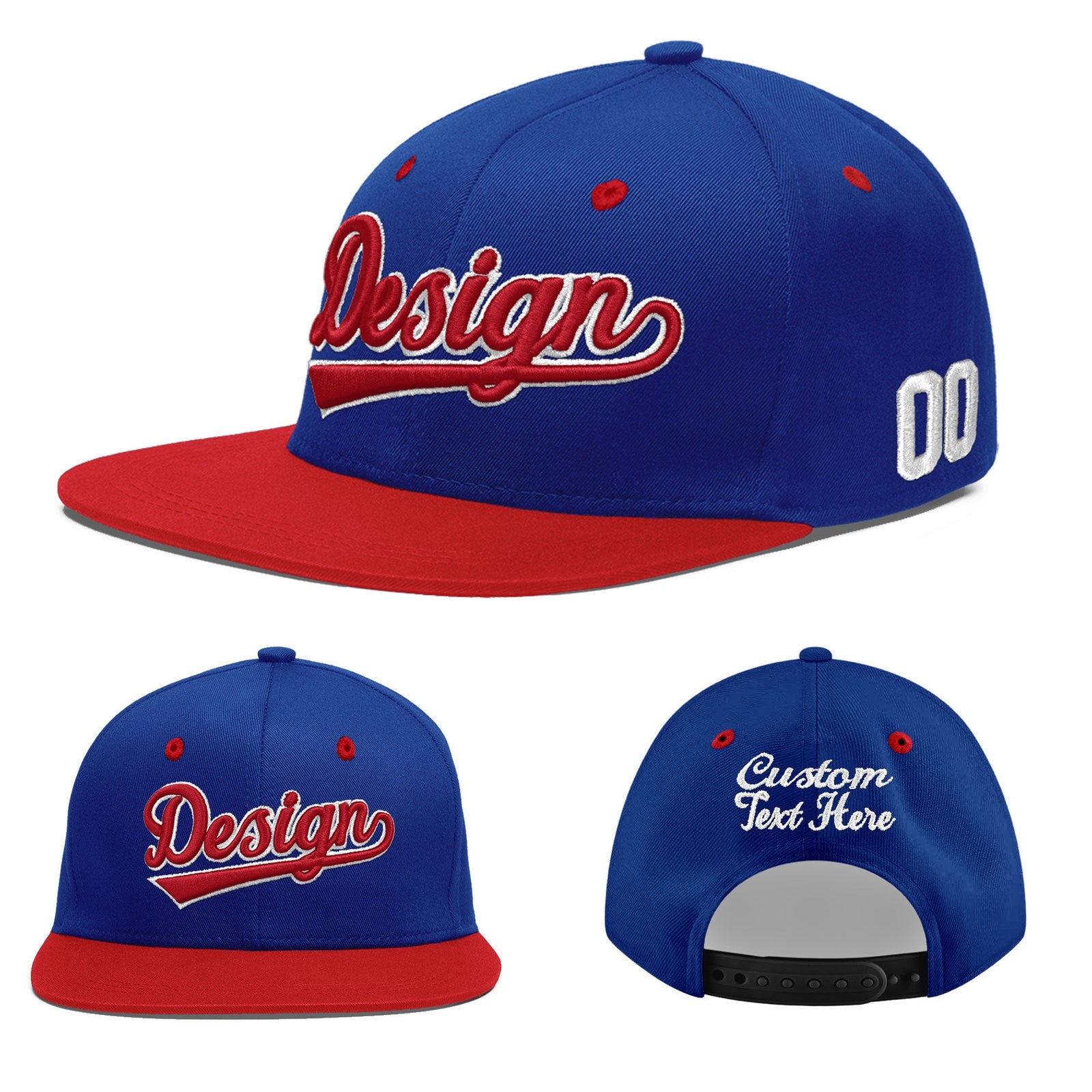Custom Royal Blue Red 3D Puff Embroidery Flat Embroidery Casual Sport Baseball Cap