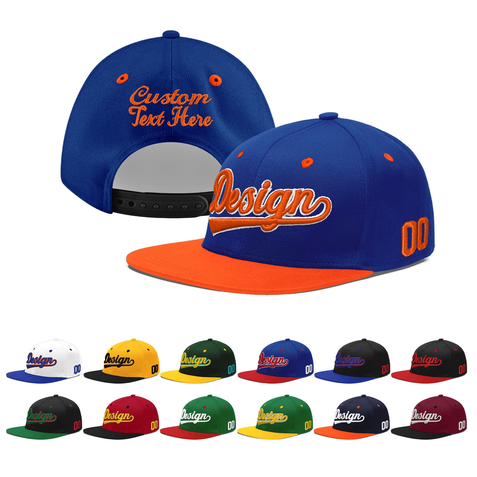 Custom Royal Blue Orange 3D Puff Embroidery Flat Embroidery Casual Sport Baseball Cap