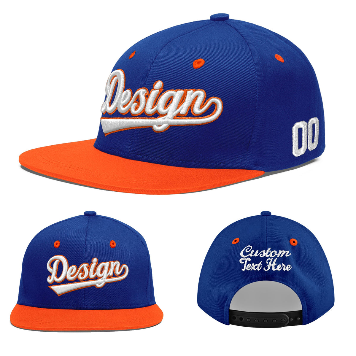Custom Royal Blue Orange 3D Puff Embroidery Flat Embroidery Casual Sport Baseball Cap
