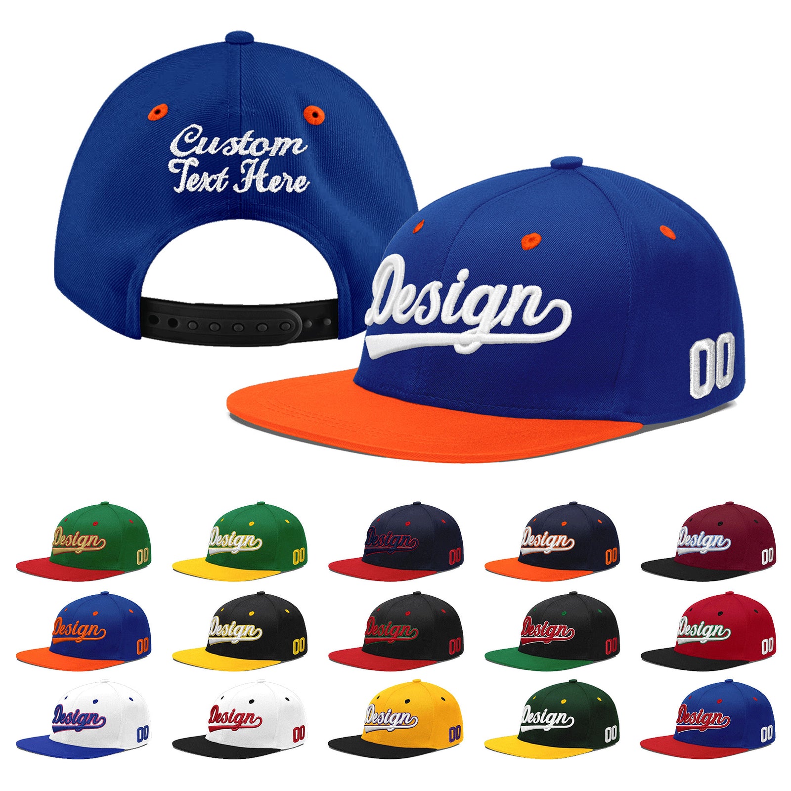 Custom Royal Blue Orange 3D Puff Embroidery Flat Embroidery Casual Sport Baseball Cap