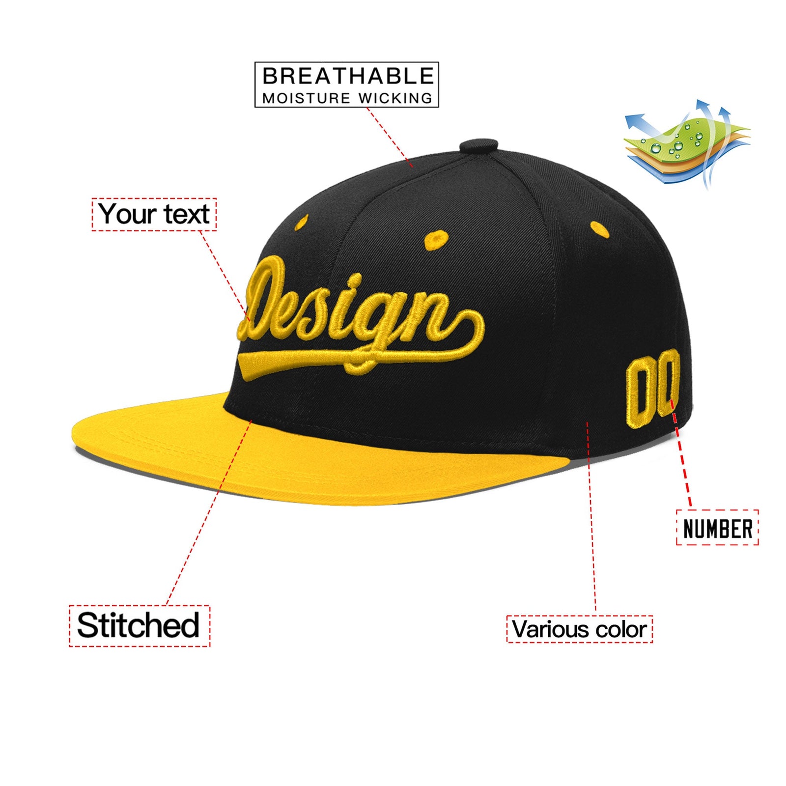 Custom Black Gold 3D Puff Embroidery Flat Embroidery Casual Sport Baseball Cap