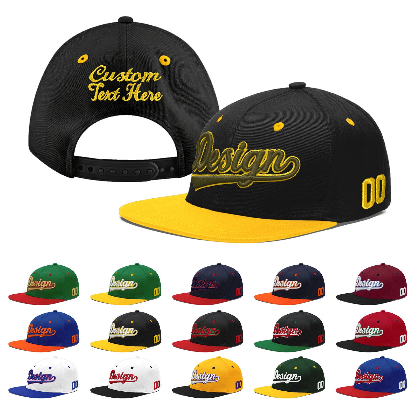 Custom Black Gold 3D Puff Embroidery Flat Embroidery Casual Sport Baseball Cap