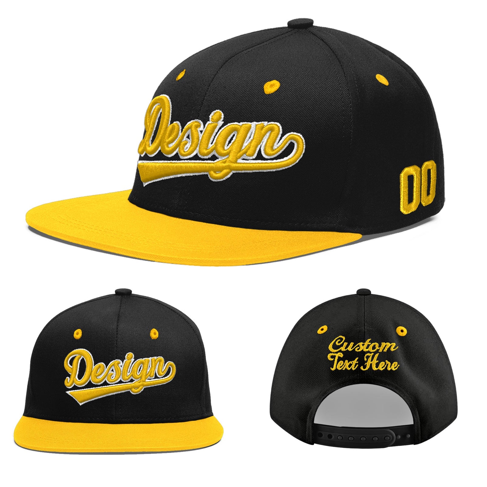 Custom Black Gold 3D Puff Embroidery Flat Embroidery Casual Sport Baseball Cap
