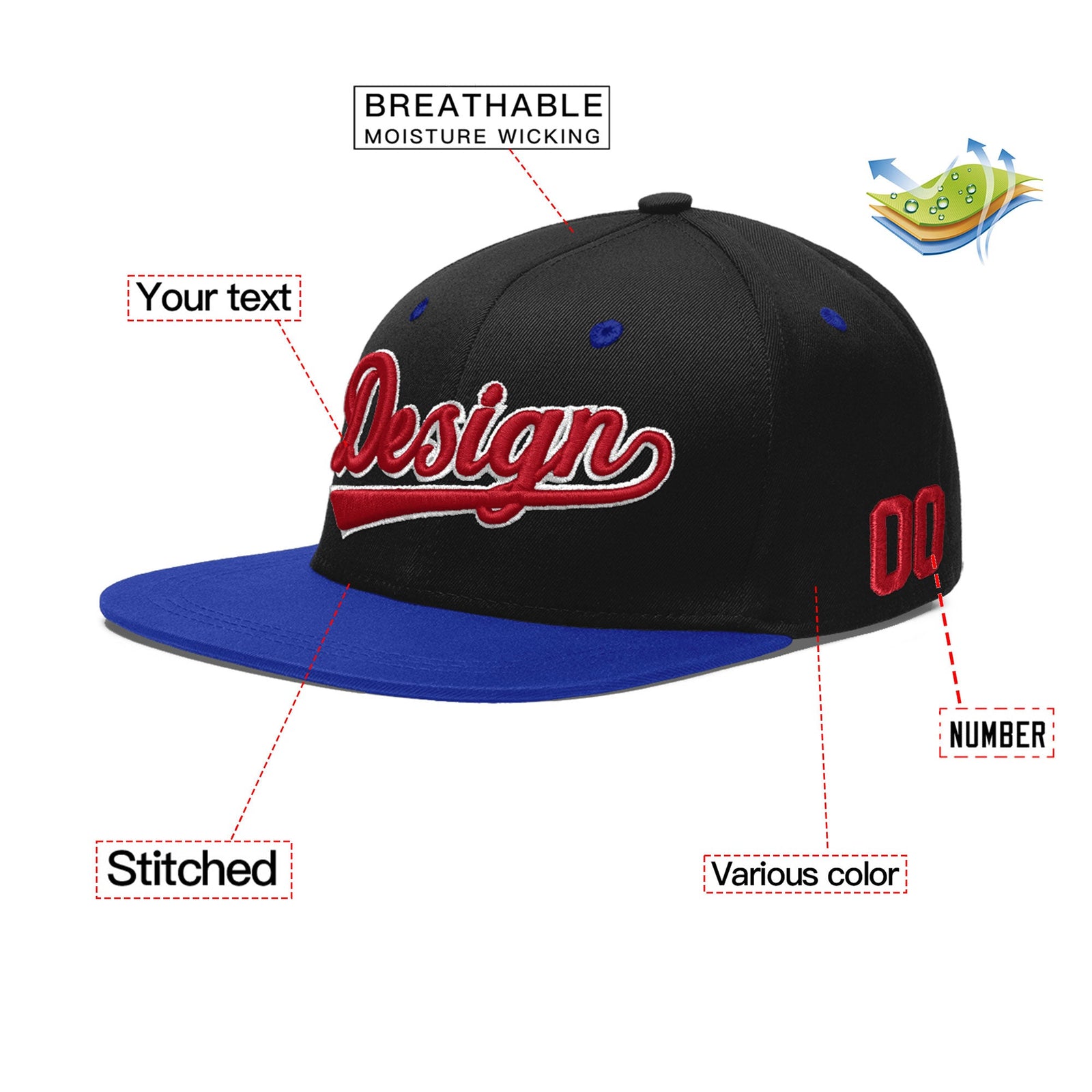 Custom Black Royal Blue 3D Puff Embroidery Flat Embroidery Casual Sport Baseball Cap