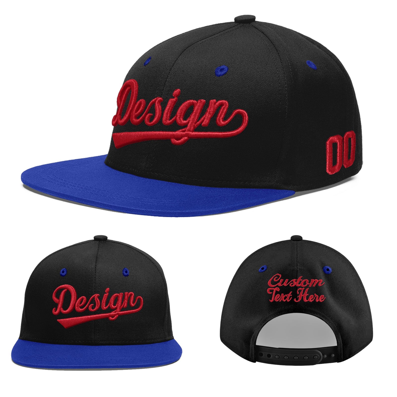 Custom Black Royal Blue 3D Puff Embroidery Flat Embroidery Casual Sport Baseball Cap