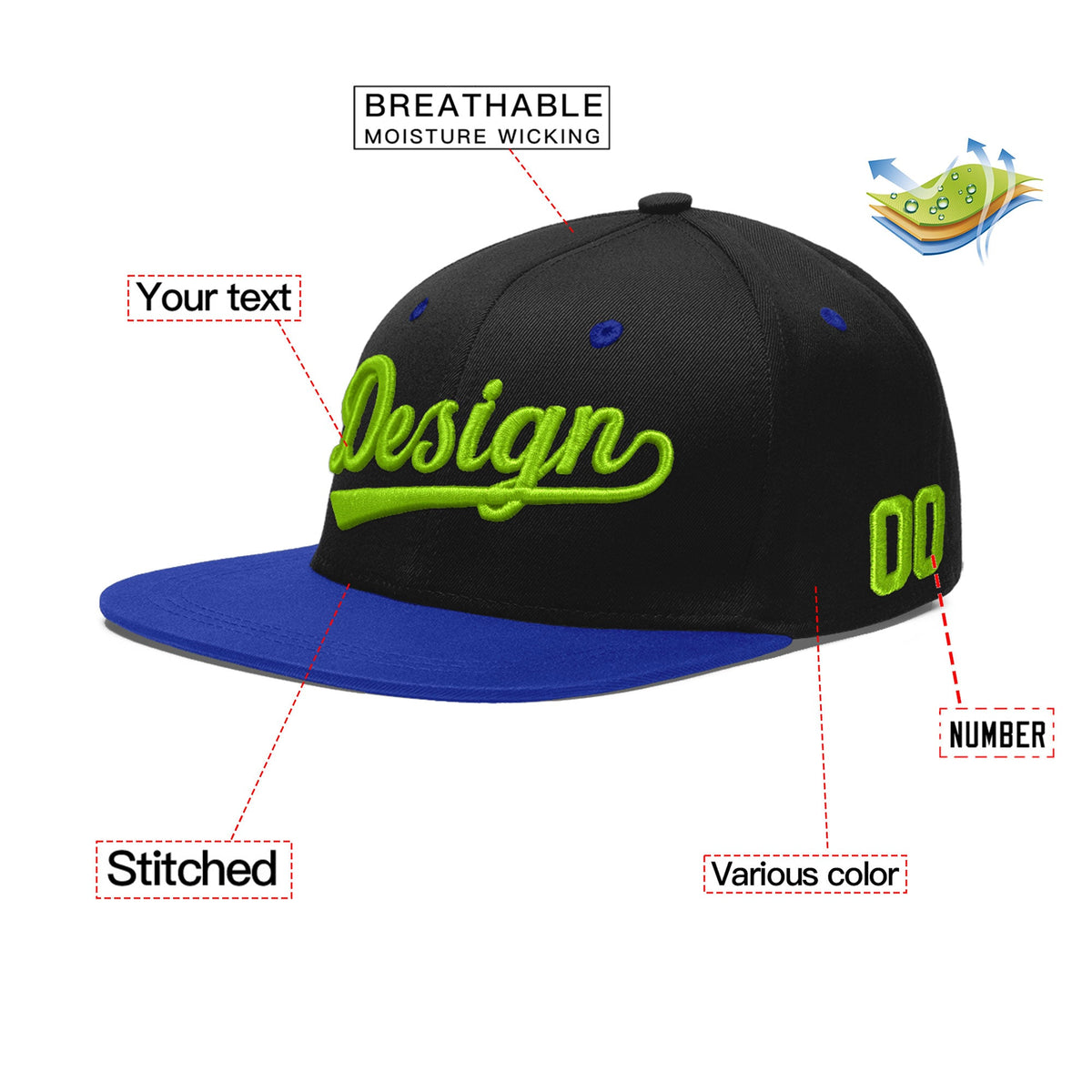 Custom Black Royal Blue 3D Puff Embroidery Flat Embroidery Casual Sport Baseball Cap