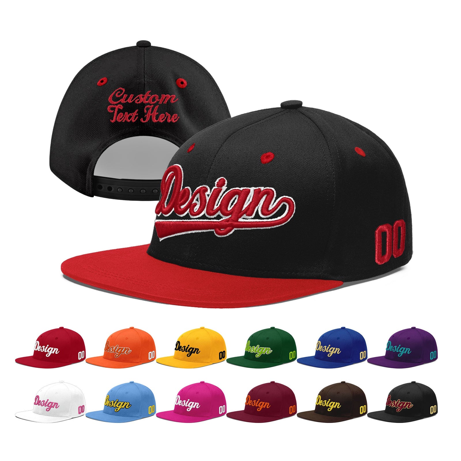 Custom Black Red 3D Puff Embroidery Flat Embroidery Casual Sport Baseball Cap