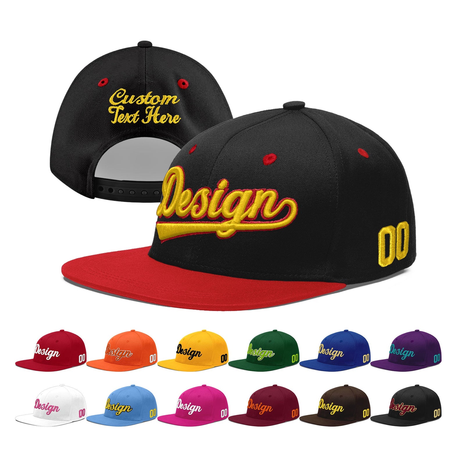 Custom Black Red 3D Puff Embroidery Flat Embroidery Casual Sport Baseball Cap