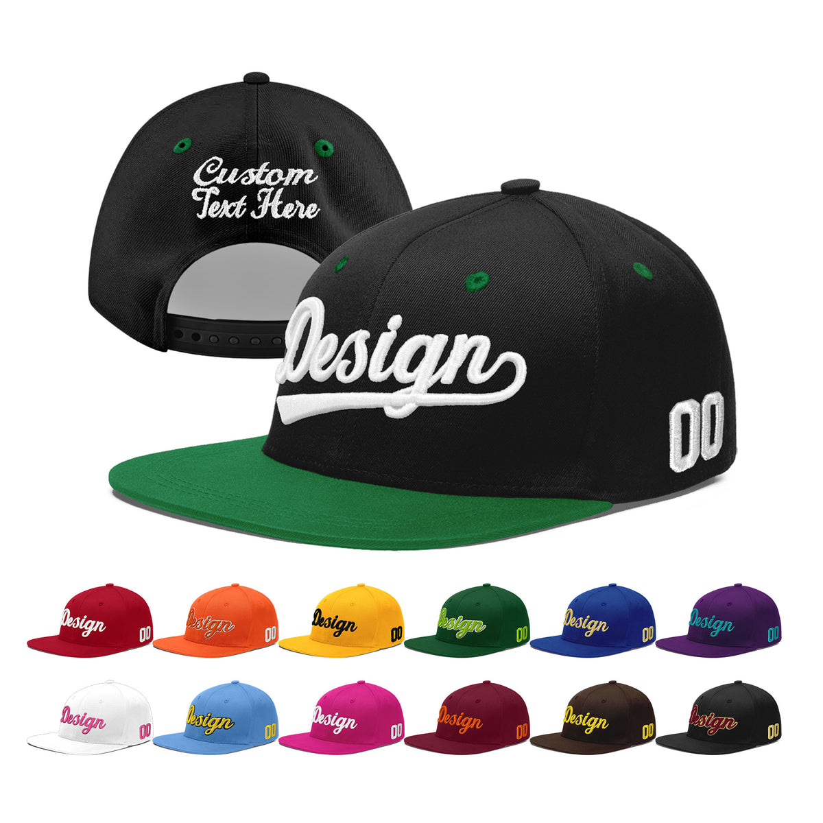 Custom Black Kelly Green 3D Puff Embroidery Flat Embroidery Casual Sport Baseball Cap
