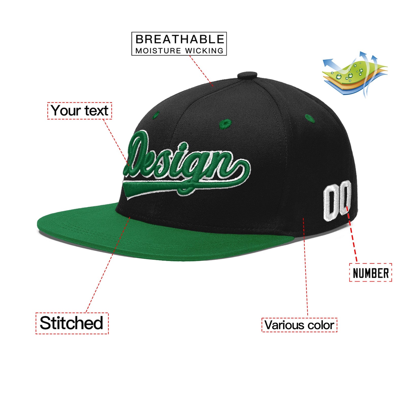 Custom Black Kelly Green 3D Puff Embroidery Flat Embroidery Casual Sport Baseball Cap