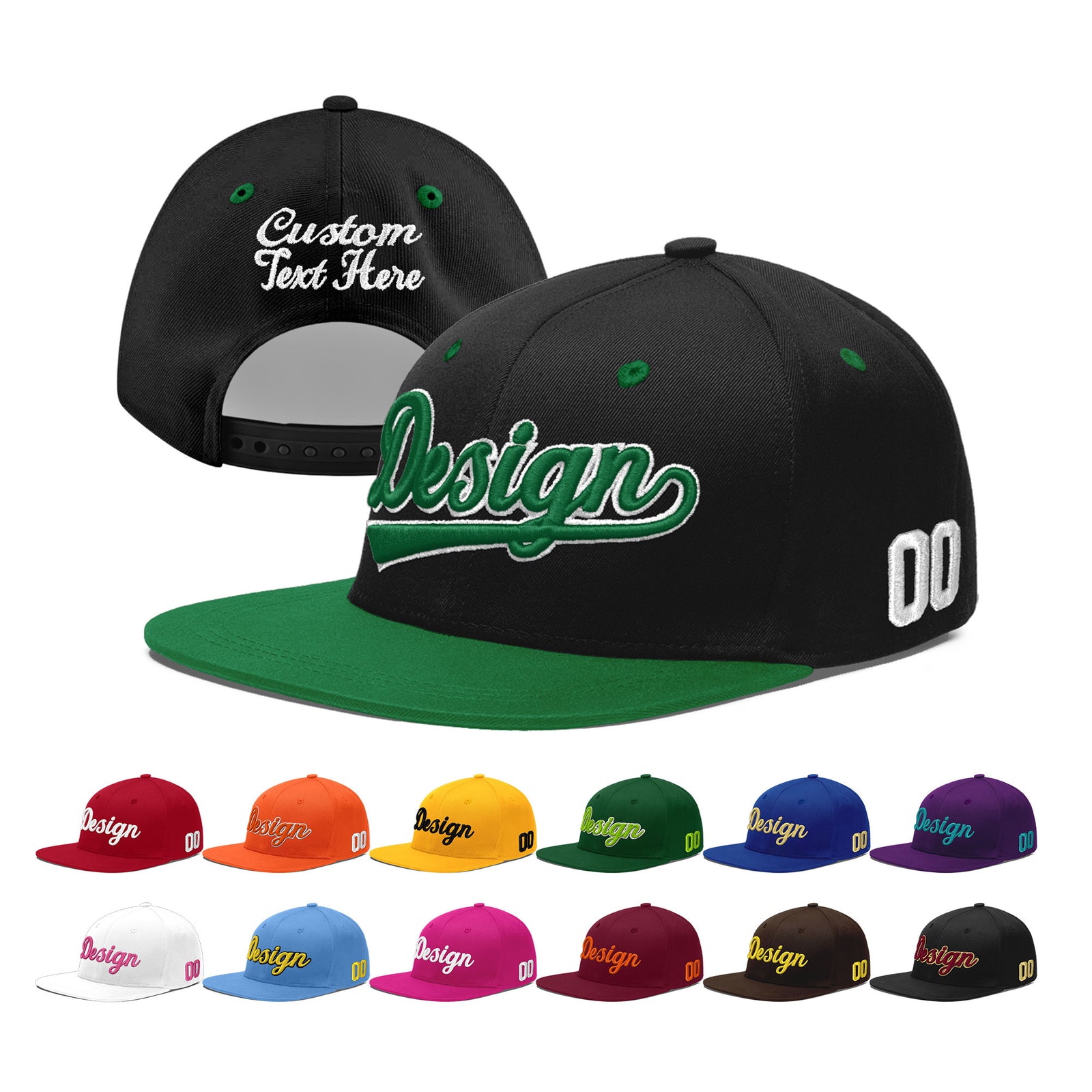 Custom Black Kelly Green 3D Puff Embroidery Flat Embroidery Casual Sport Baseball Cap