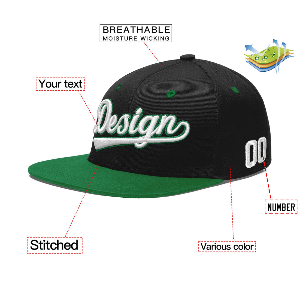 Custom Black Kelly Green 3D Puff Embroidery Flat Embroidery Casual Sport Baseball Cap