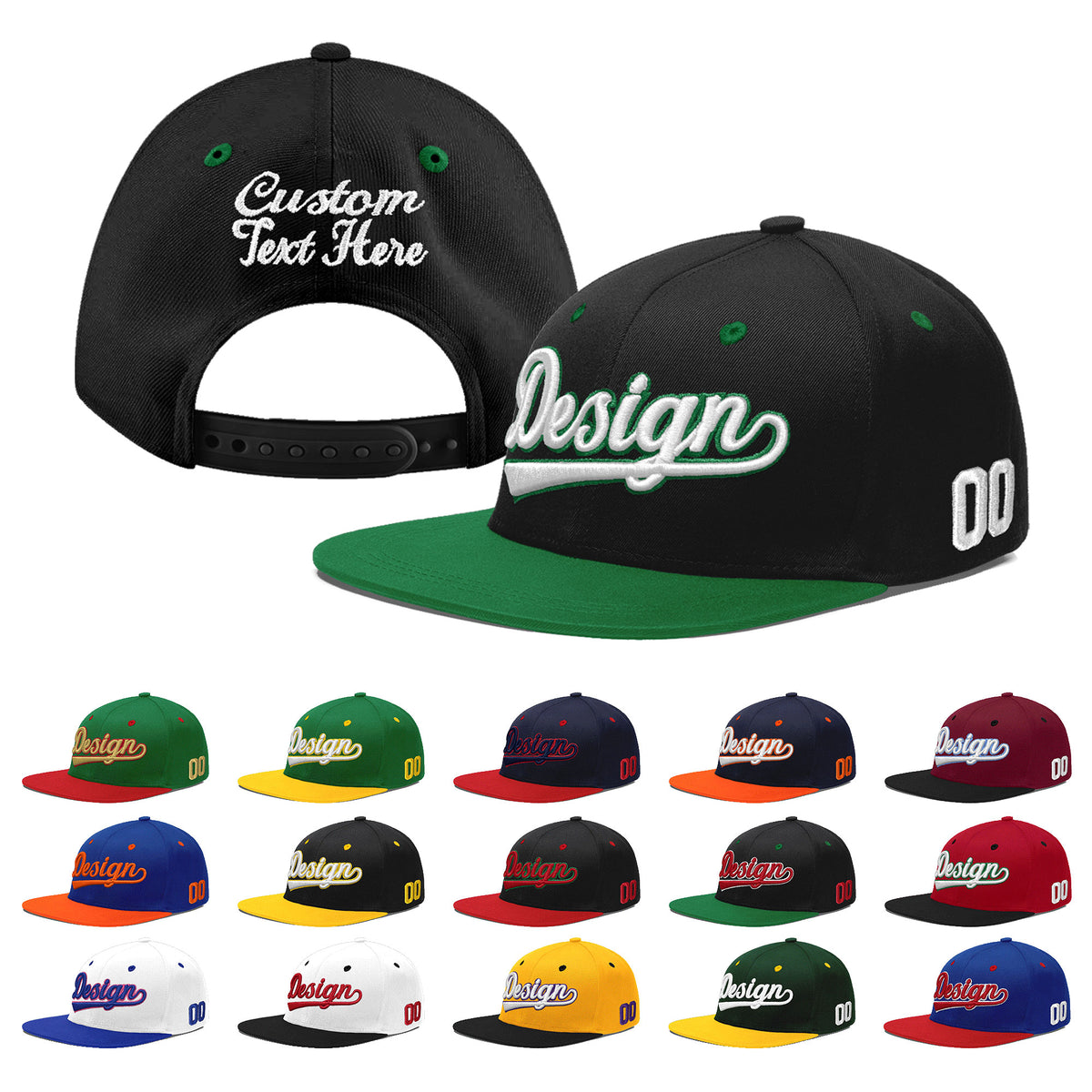 Custom Black Kelly Green 3D Puff Embroidery Flat Embroidery Casual Sport Baseball Cap