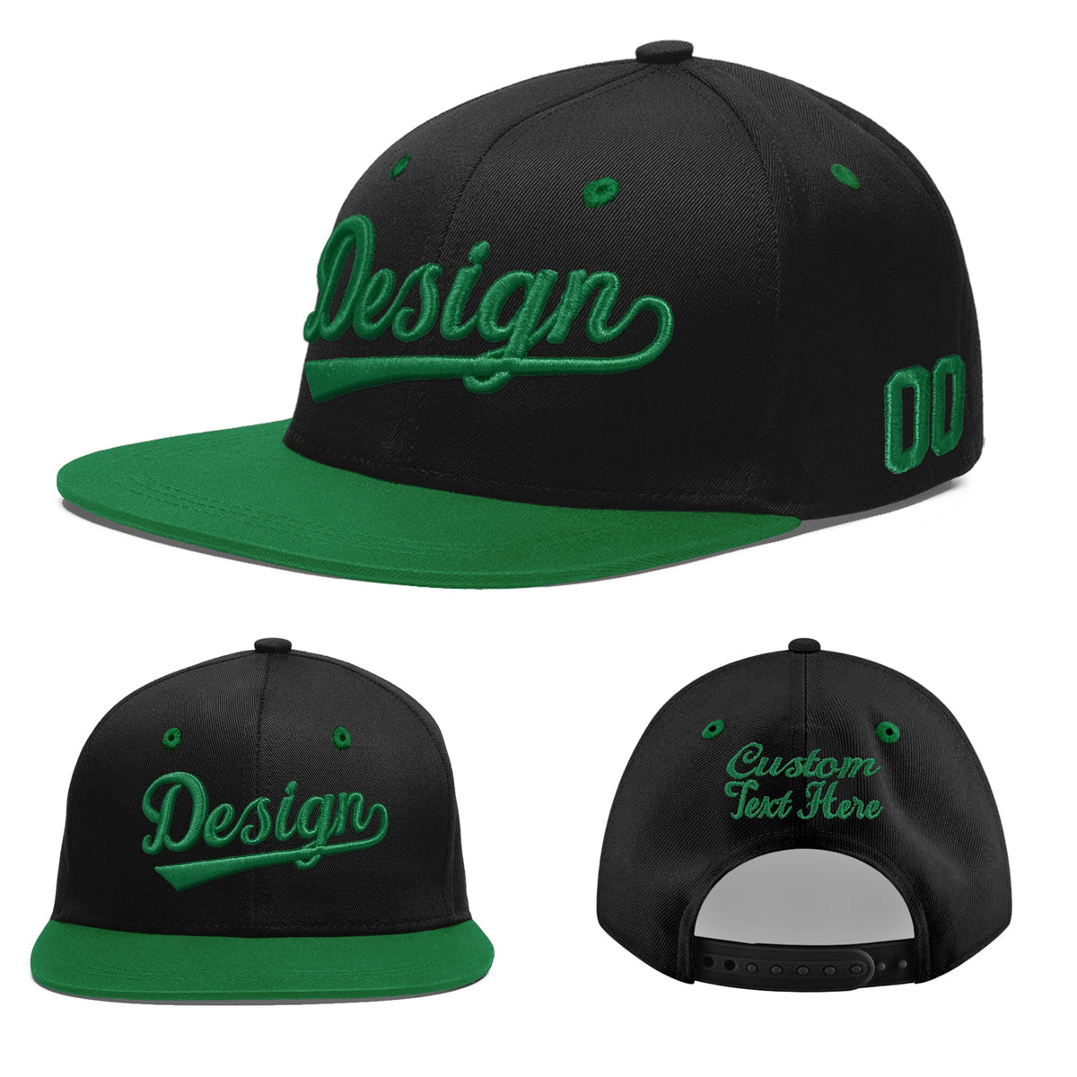 Custom Black Kelly Green 3D Puff Embroidery Flat Embroidery Casual Sport Baseball Cap