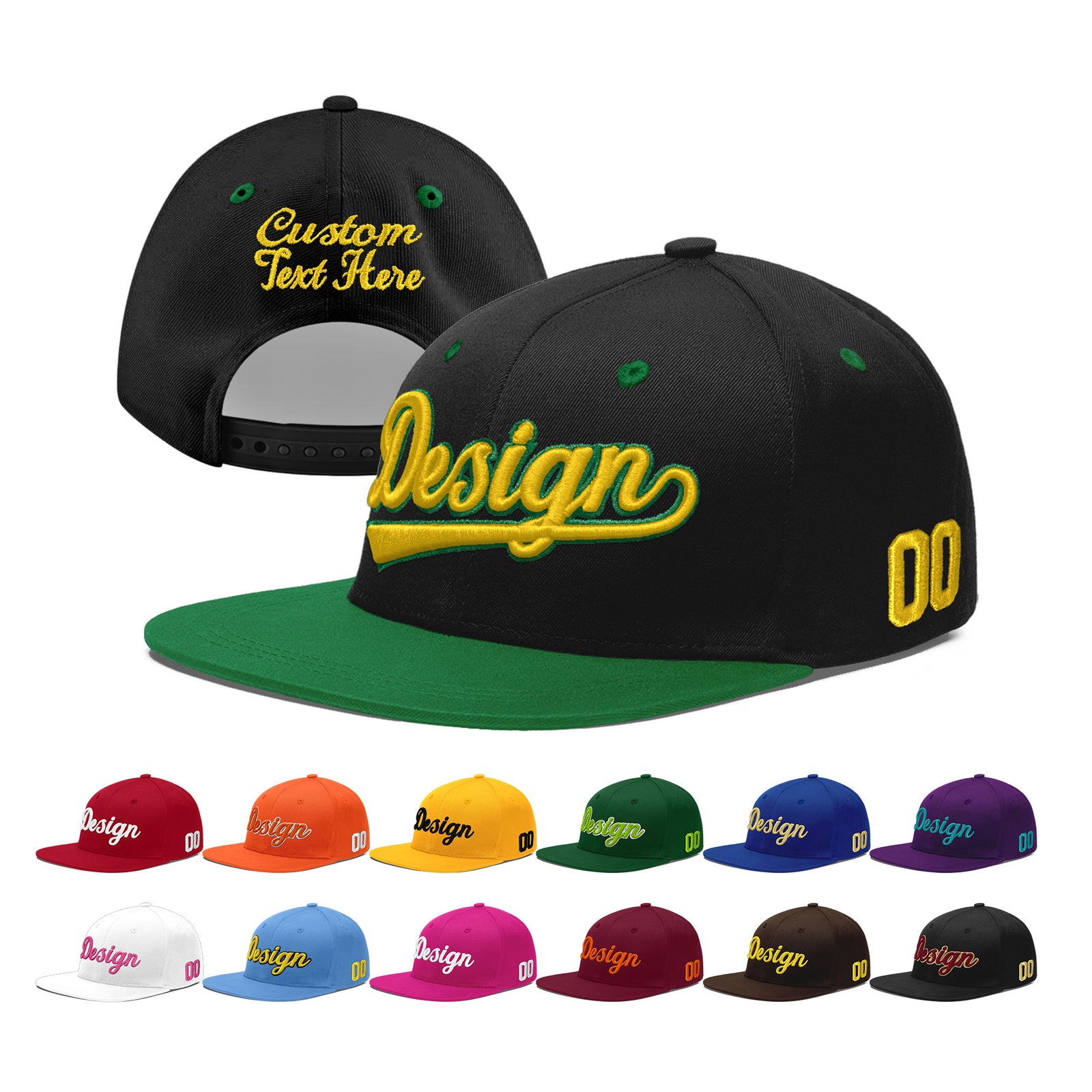 Custom Black Kelly Green 3D Puff Embroidery Flat Embroidery Casual Sport Baseball Cap