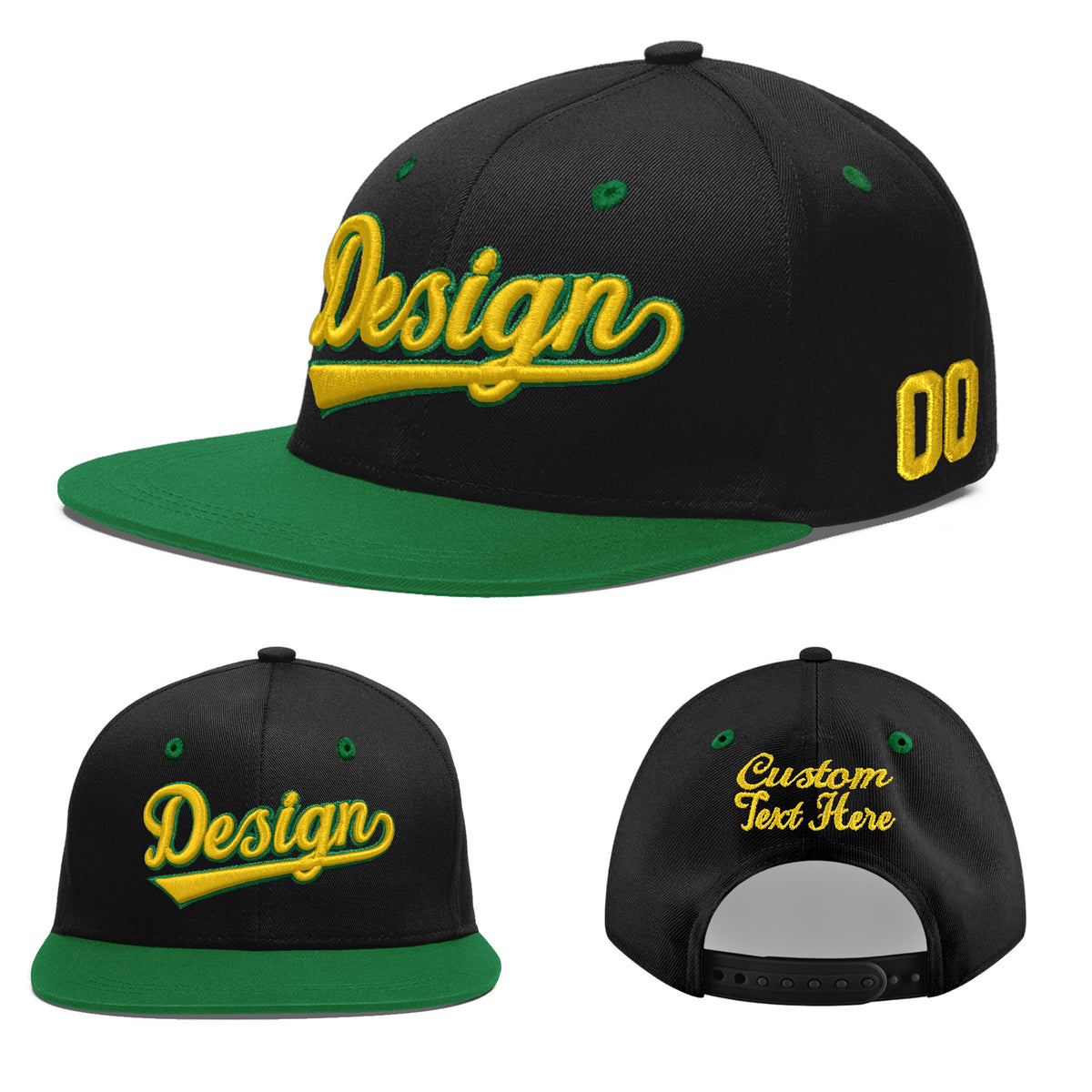 Custom Black Kelly Green 3D Puff Embroidery Flat Embroidery Casual Sport Baseball Cap
