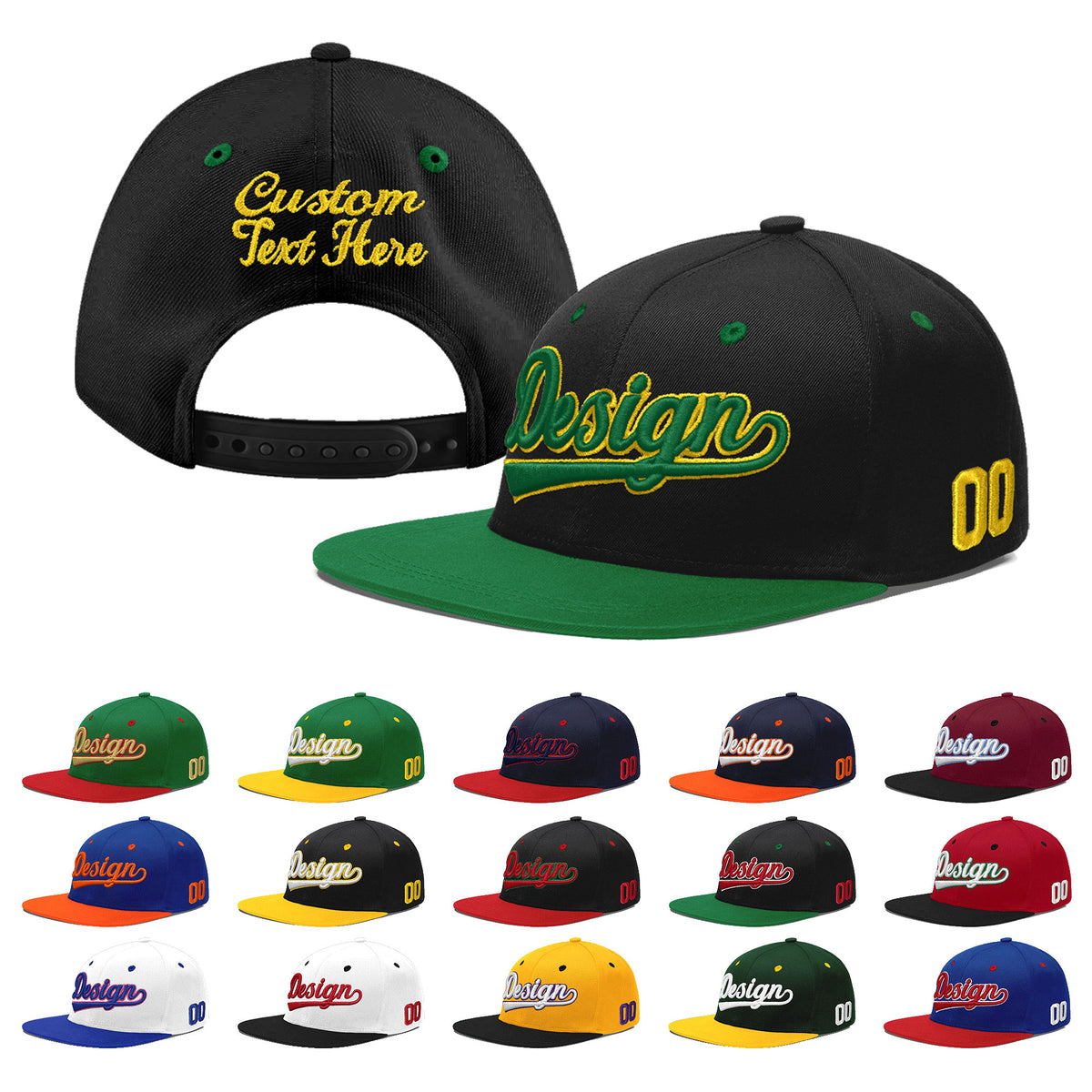 Custom Black Kelly Green 3D Puff Embroidery Flat Embroidery Casual Sport Baseball Cap