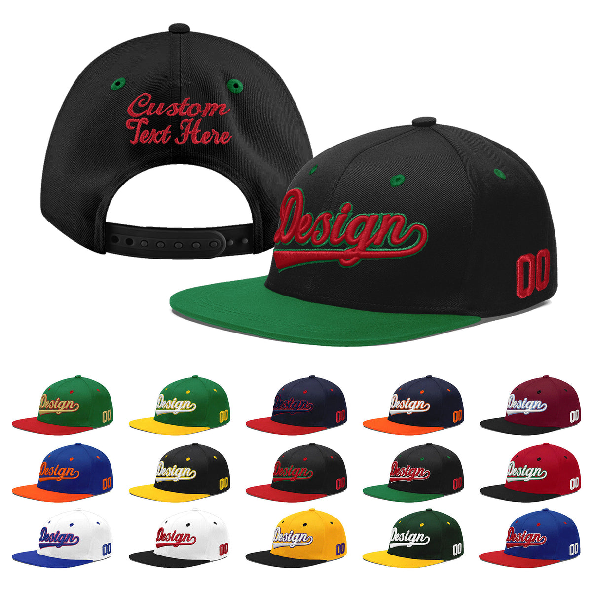 Custom Black Kelly Green 3D Puff Embroidery Flat Embroidery Casual Sport Baseball Cap