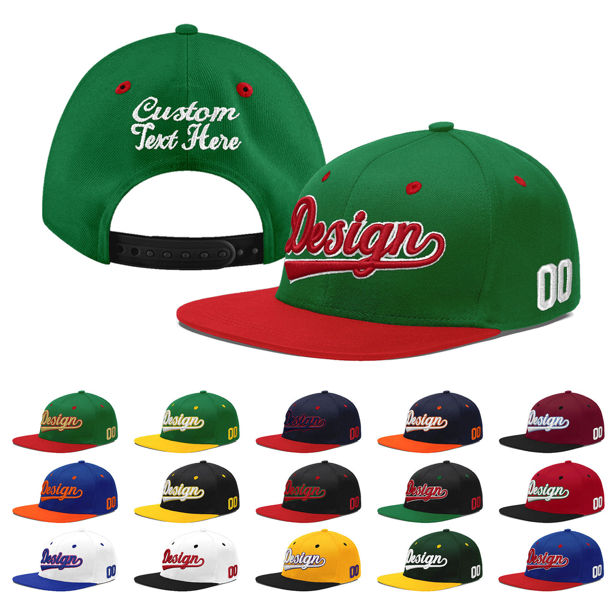 Custom Kelly Green Red 3D Puff Embroidery Flat Embroidery Casual Sport Baseball Cap