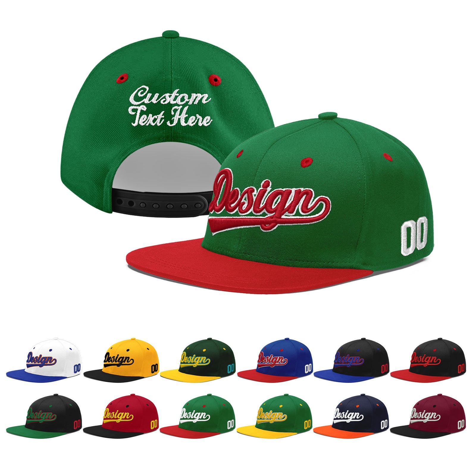 Custom Kelly Green Red 3D Puff Embroidery Flat Embroidery Casual Sport Baseball Cap
