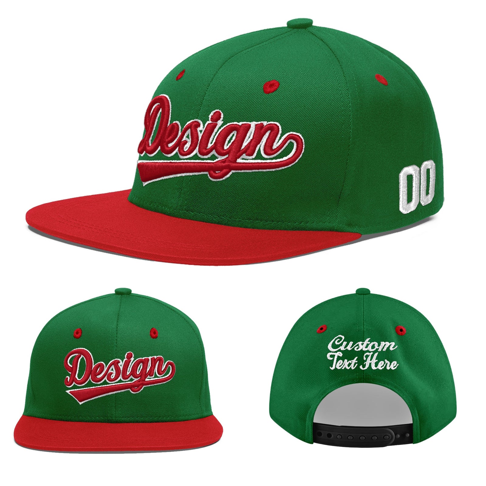 Custom Kelly Green Red 3D Puff Embroidery Flat Embroidery Casual Sport Baseball Cap