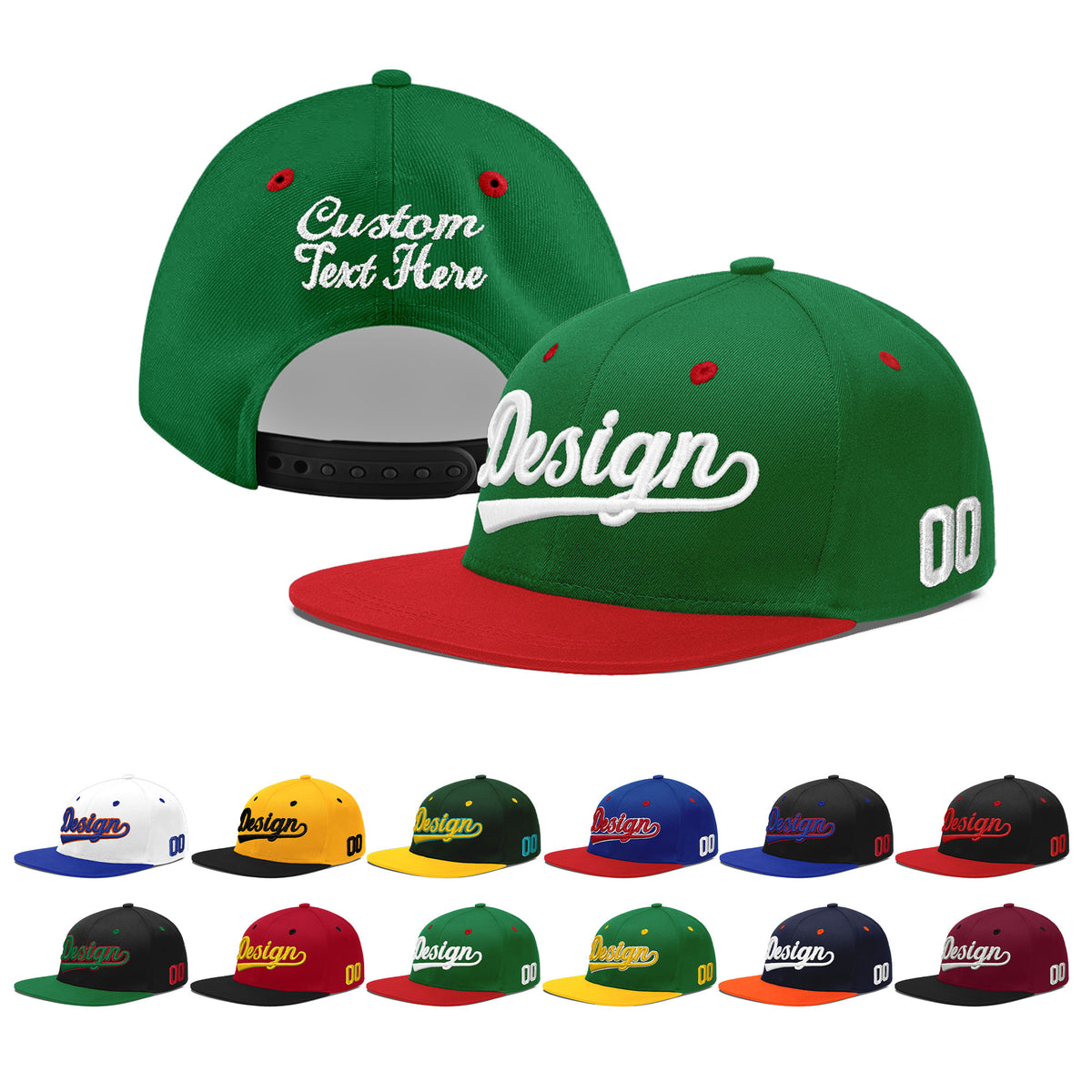 Custom Kelly Green Red 3D Puff Embroidery Flat Embroidery Casual Sport Baseball Cap
