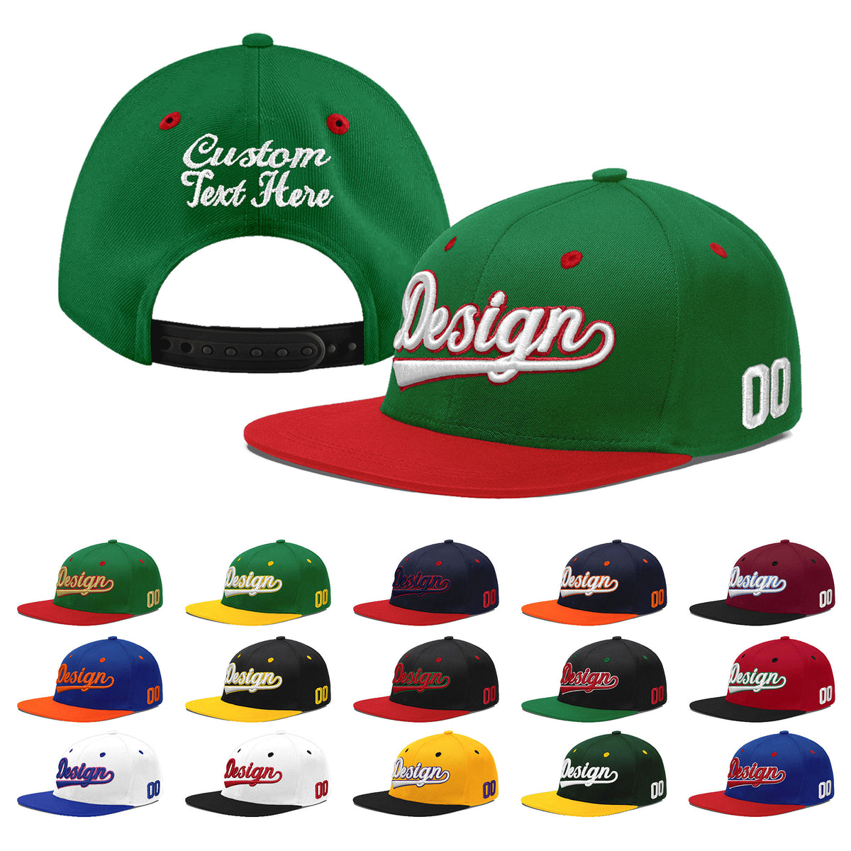 Custom Kelly Green Red 3D Puff Embroidery Flat Embroidery Casual Sport Baseball Cap