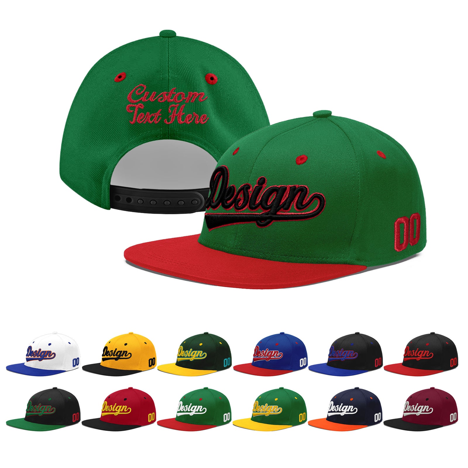 Custom Kelly Green Red 3D Puff Embroidery Flat Embroidery Casual Sport Baseball Cap