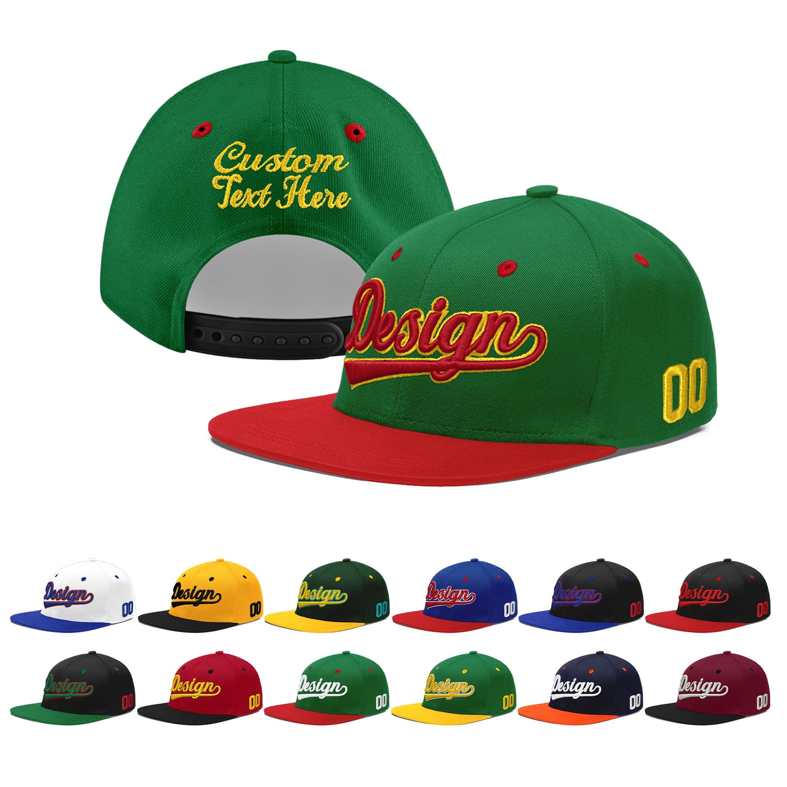 Custom Kelly Green Red 3D Puff Embroidery Flat Embroidery Casual Sport Baseball Cap