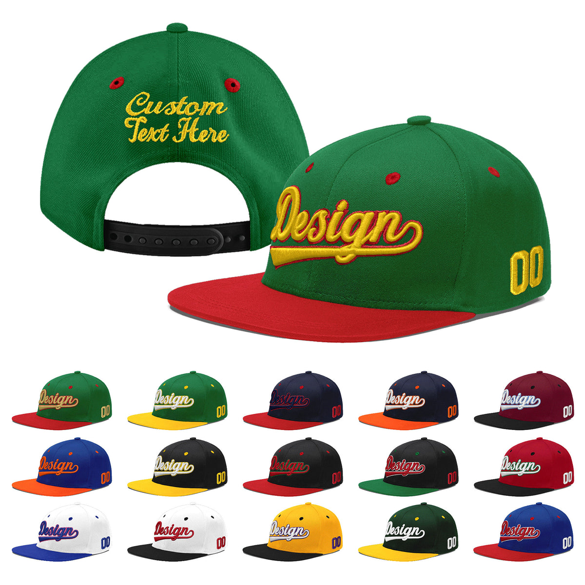 Custom Kelly Green Red 3D Puff Embroidery Flat Embroidery Casual Sport Baseball Cap