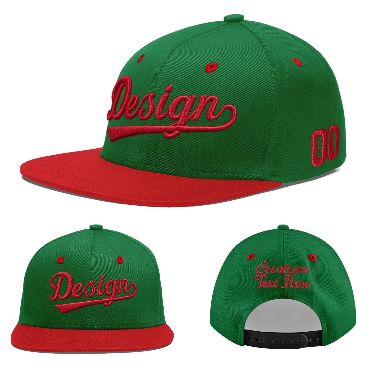 Custom Kelly Green Red 3D Puff Embroidery Flat Embroidery Casual Sport Baseball Cap