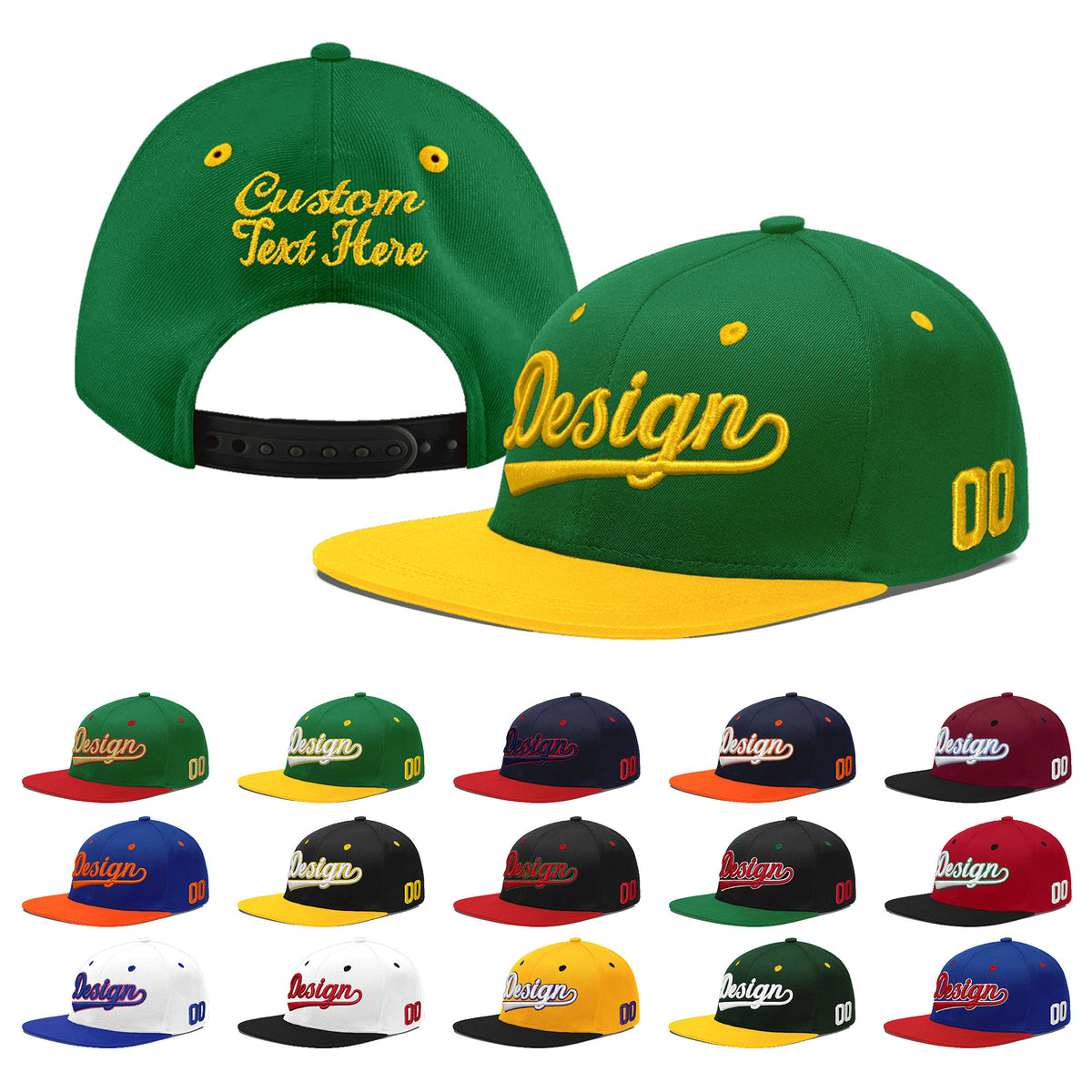 Custom Kelly Green Gold 3D Puff Embroidery Flat Embroidery Casual Sport Baseball Cap