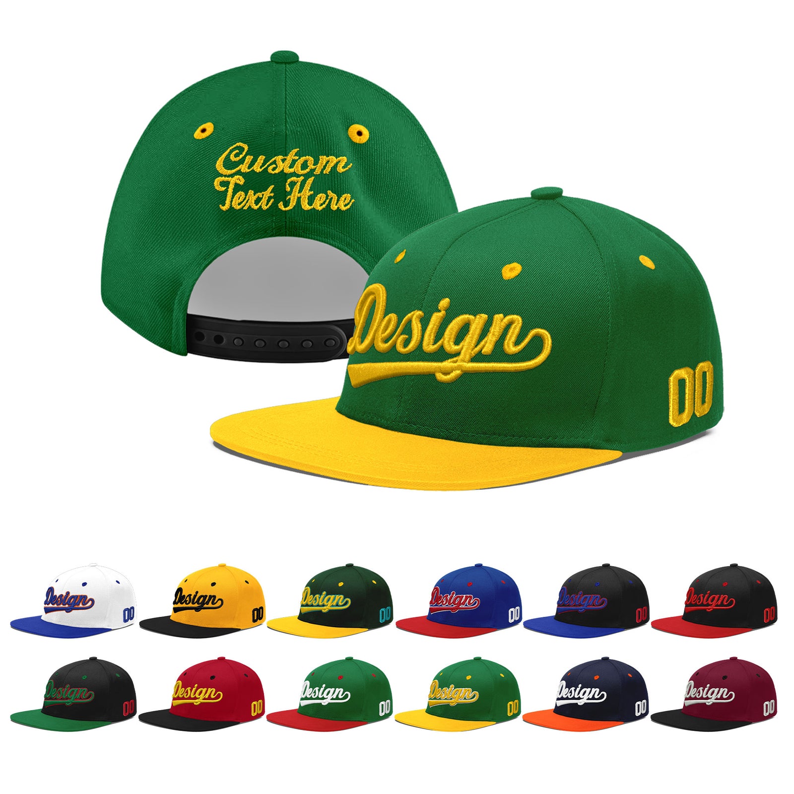 Custom Kelly Green Gold 3D Puff Embroidery Flat Embroidery Casual Sport Baseball Cap