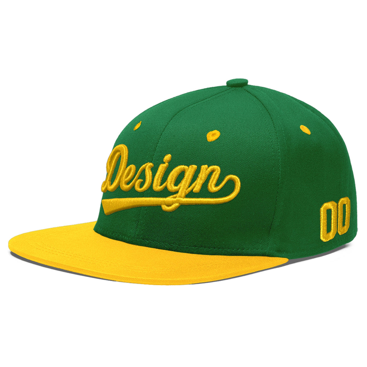 Custom Kelly Green Gold 3D Puff Embroidery Flat Embroidery Casual Sport Baseball Cap