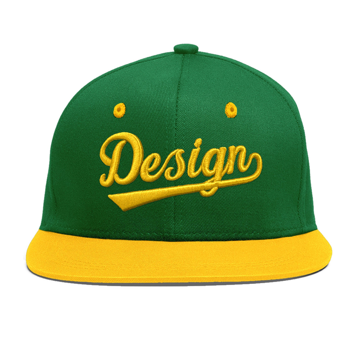 Custom Kelly Green Gold 3D Puff Embroidery Flat Embroidery Casual Sport Baseball Cap