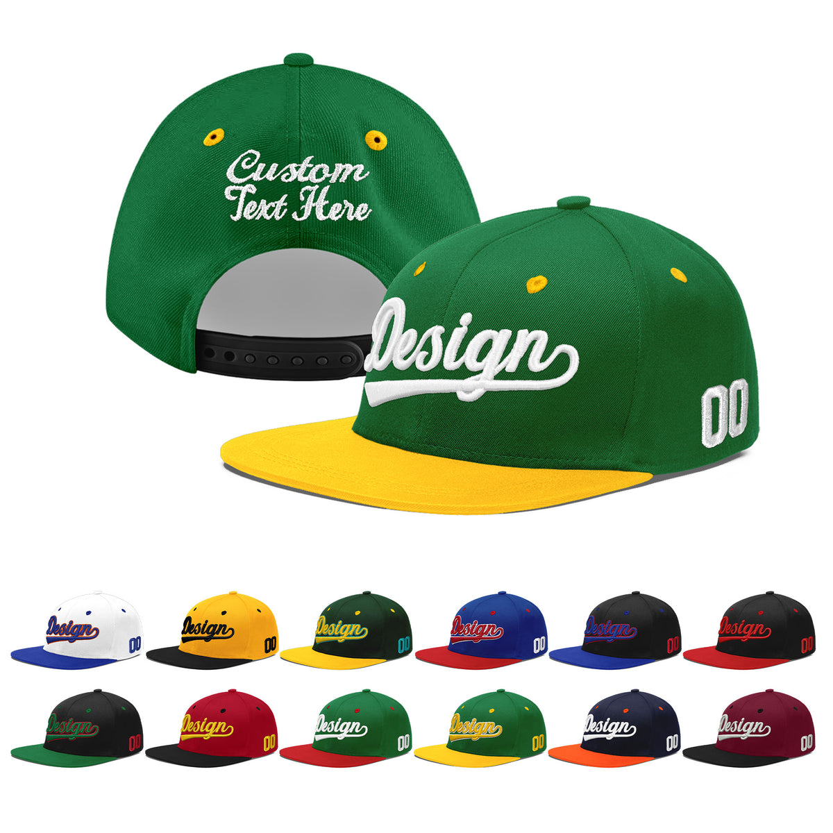 Custom Kelly Green Gold 3D Puff Embroidery Flat Embroidery Casual Sport Baseball Cap