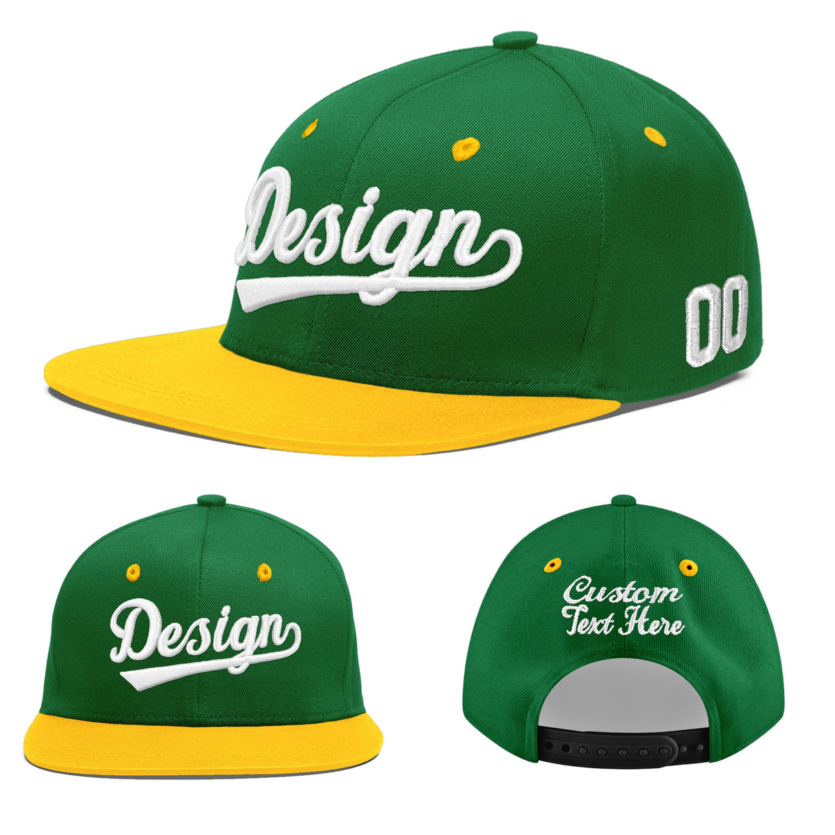 Custom Kelly Green Gold 3D Puff Embroidery Flat Embroidery Casual Sport Baseball Cap