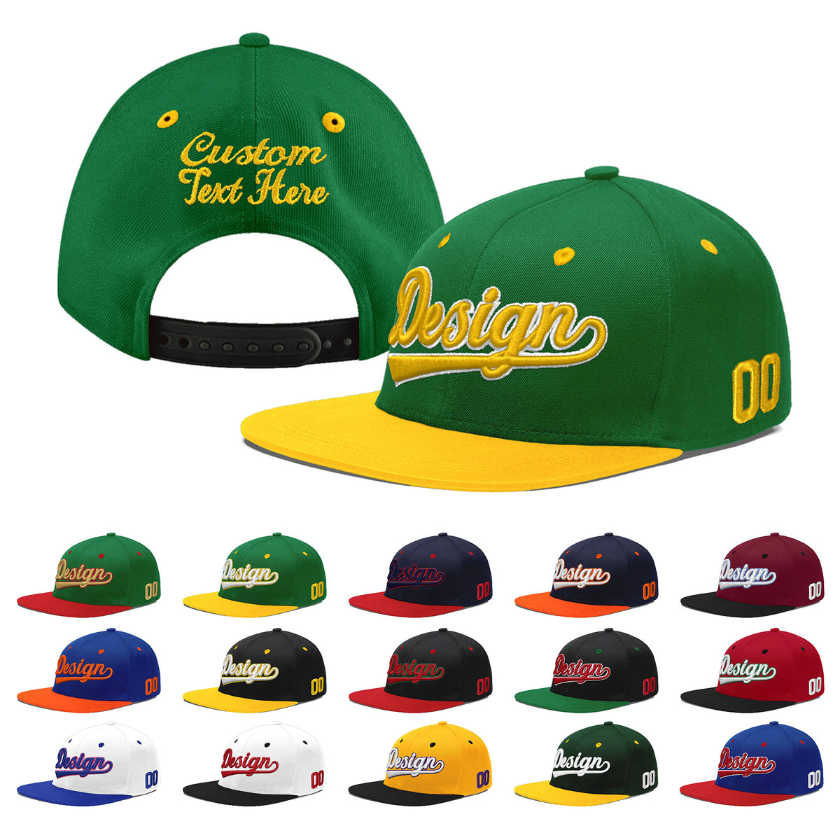 Custom Kelly Green Gold 3D Puff Embroidery Flat Embroidery Casual Sport Baseball Cap