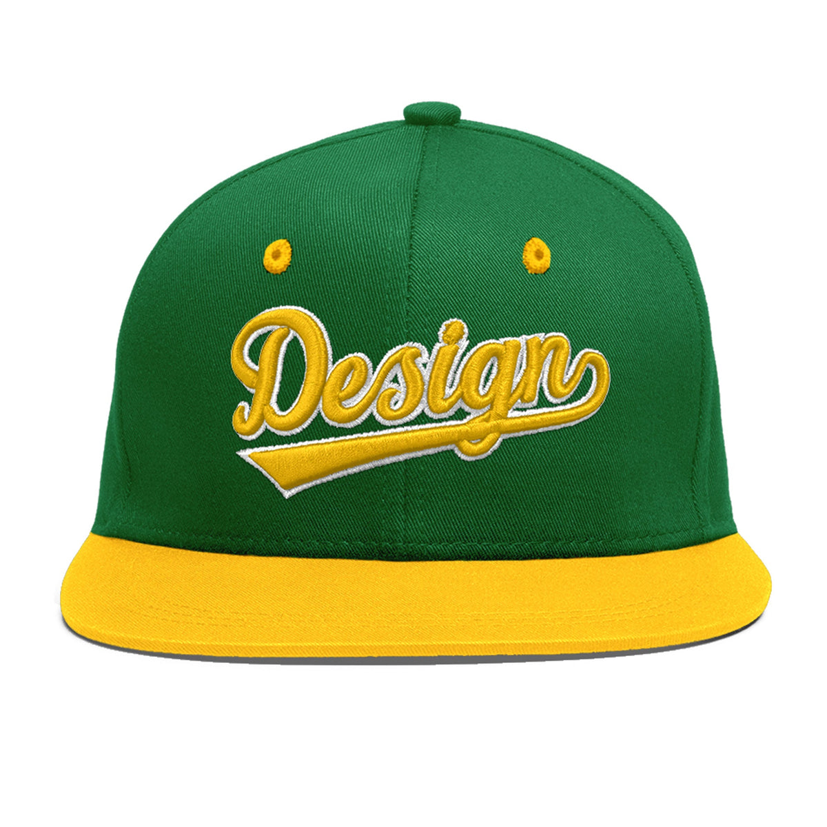 Custom Kelly Green Gold 3D Puff Embroidery Flat Embroidery Casual Sport Baseball Cap