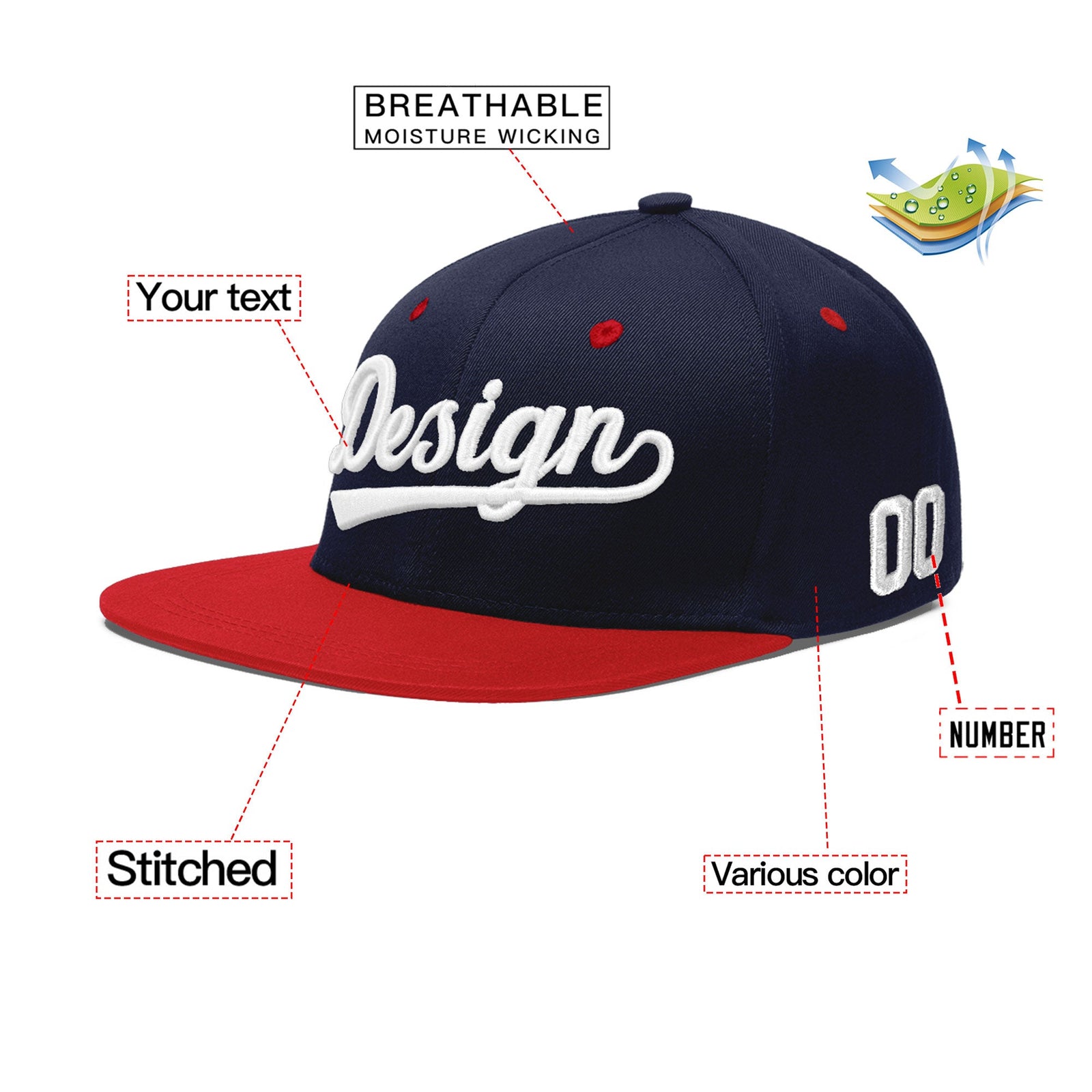 Custom Navy Red 3D Puff Embroidery Flat Embroidery Casual Sport Baseball Cap