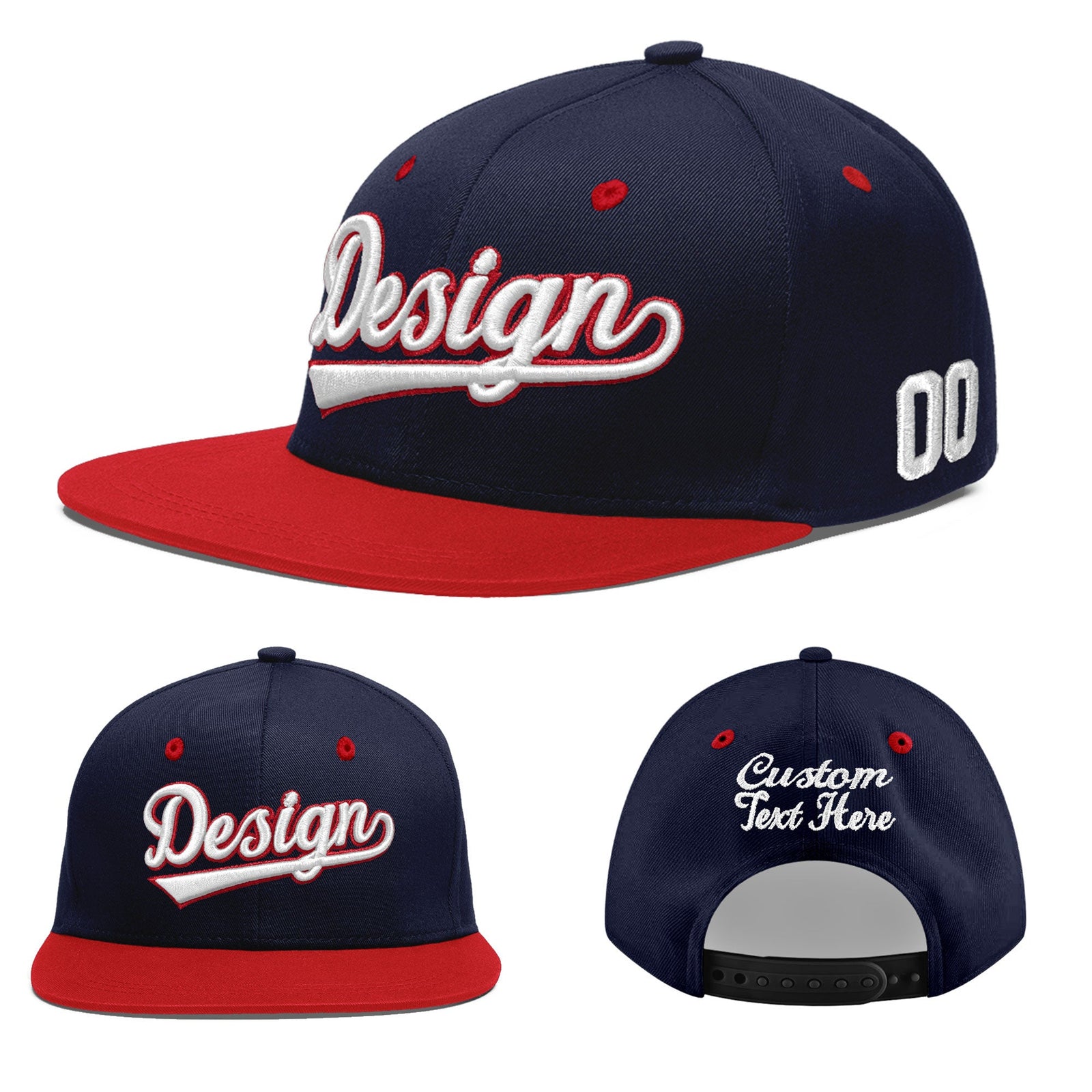 Custom Navy Red 3D Puff Embroidery Flat Embroidery Casual Sport Baseball Cap