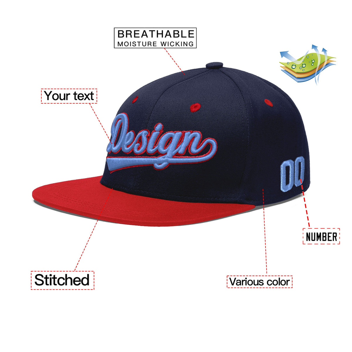 Custom Navy Red 3D Puff Embroidery Flat Embroidery Casual Sport Baseball Cap