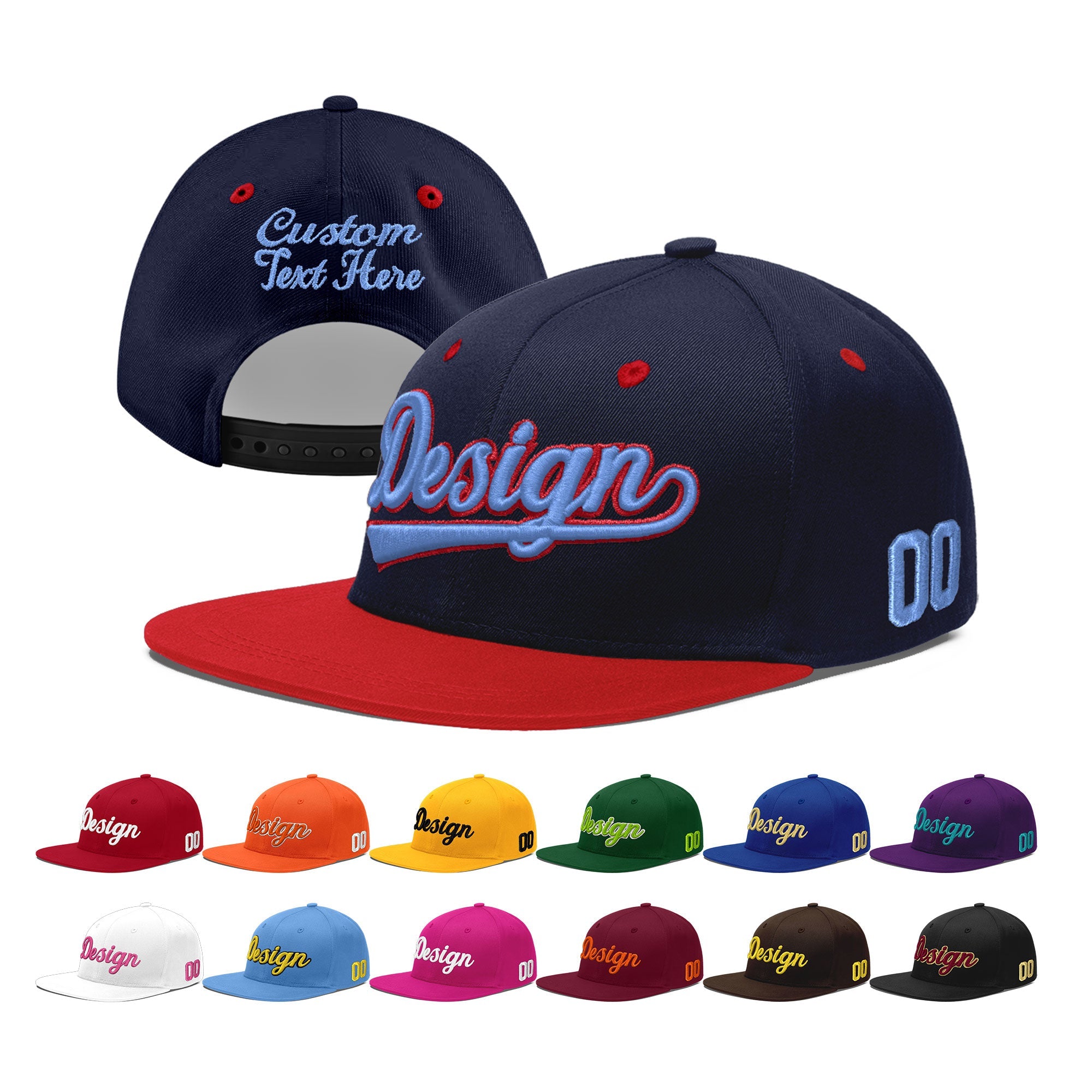 Custom Navy Red 3D Puff Embroidery Flat Embroidery Casual Sport Baseball Cap