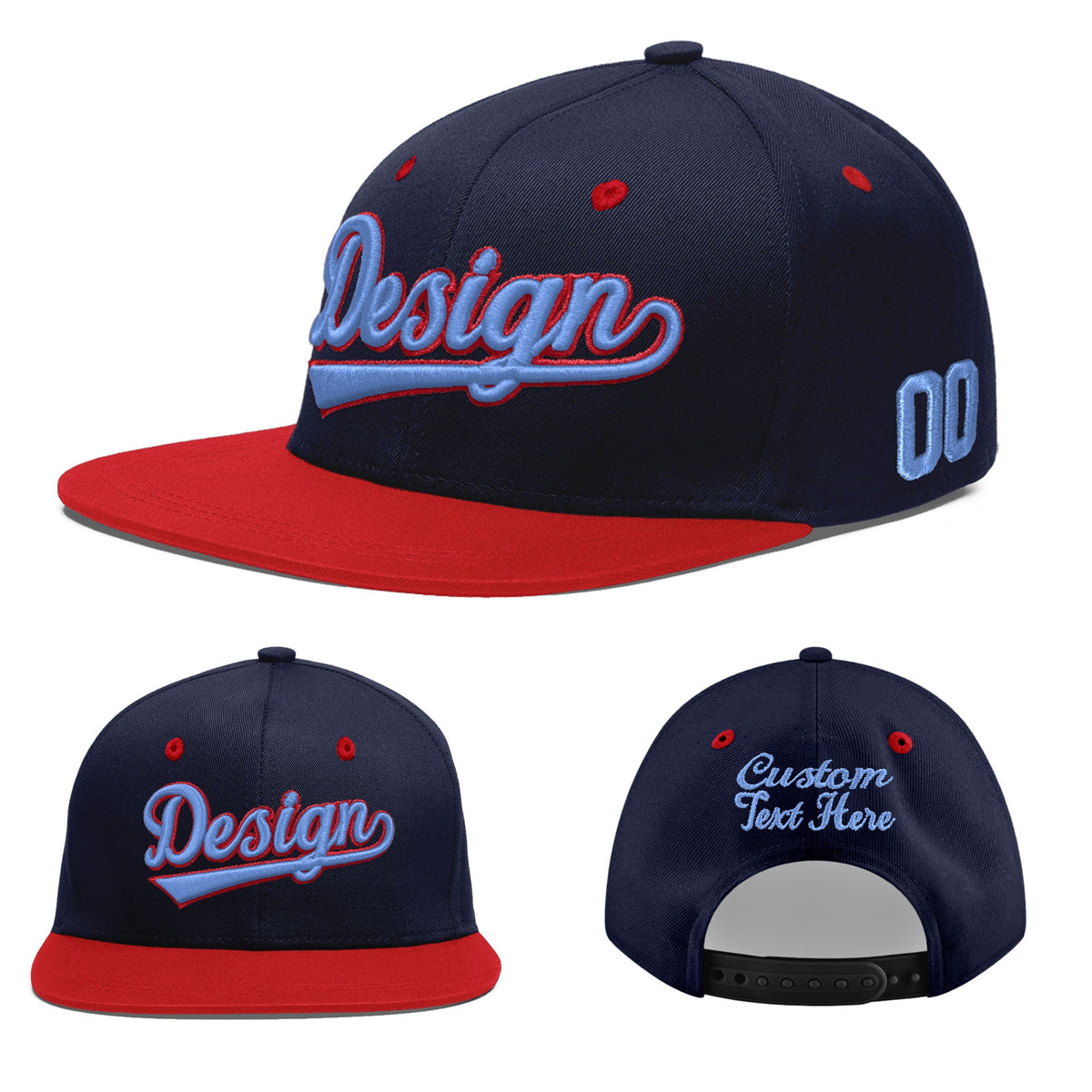 Custom Navy Red 3D Puff Embroidery Flat Embroidery Casual Sport Baseball Cap