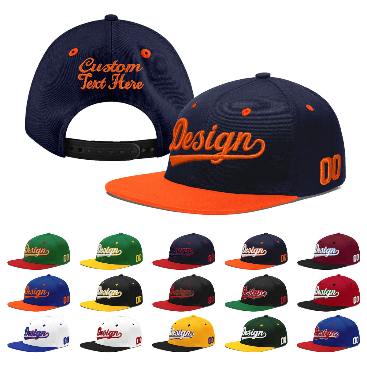 Custom Navy Orange 3D Puff Embroidery Flat Embroidery Casual Sport Baseball Cap