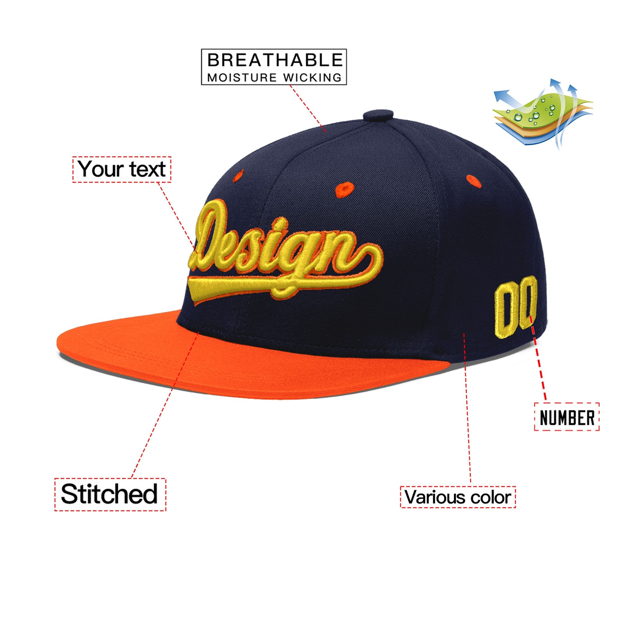 Custom Navy Orange 3D Puff Embroidery Flat Embroidery Casual Sport Baseball Cap