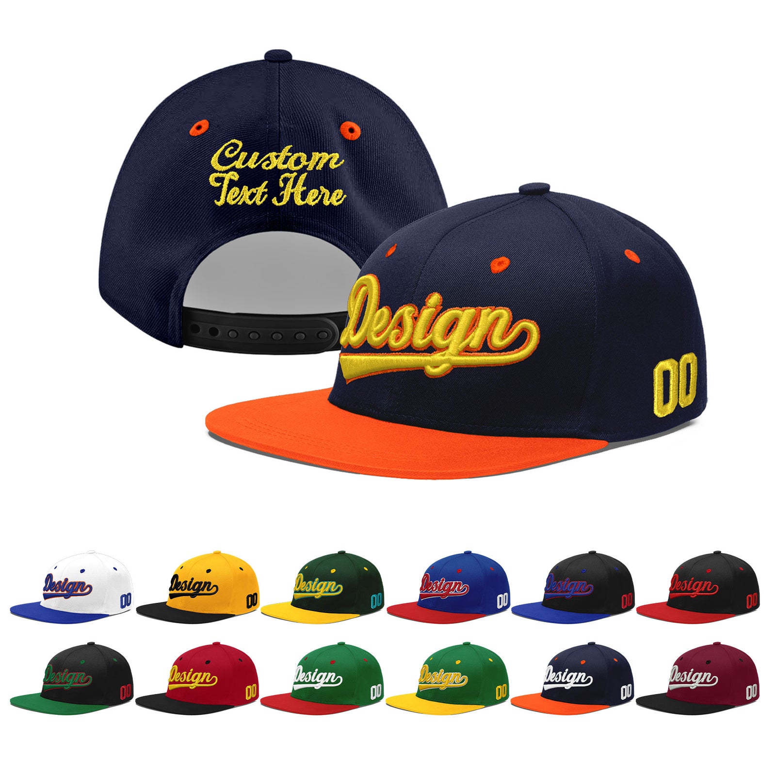 Custom Navy Orange 3D Puff Embroidery Flat Embroidery Casual Sport Baseball Cap
