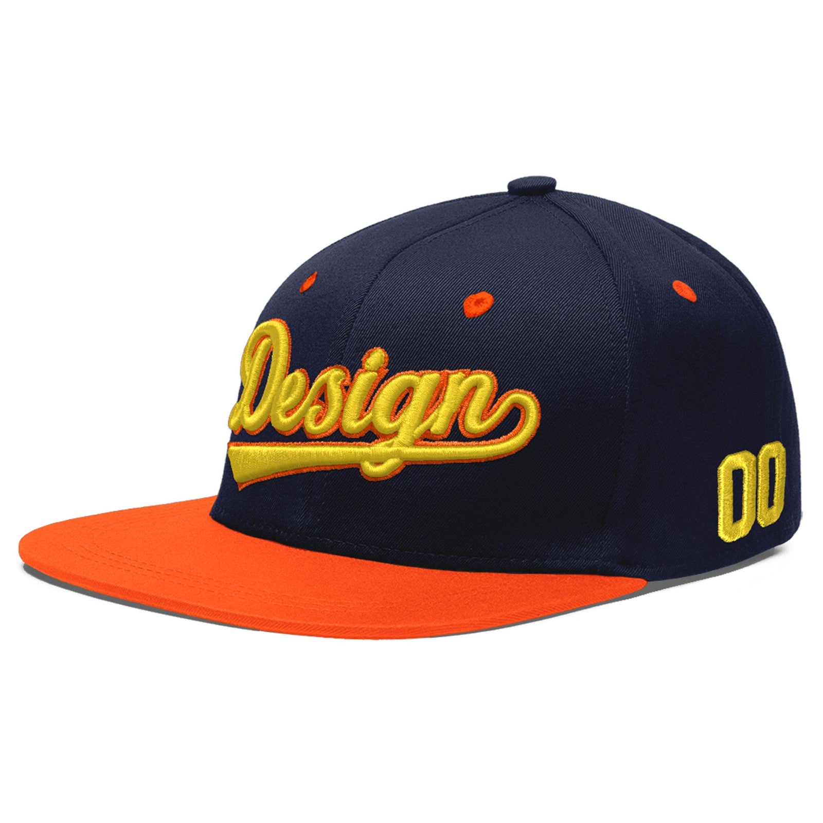 Custom Navy Orange 3D Puff Embroidery Flat Embroidery Casual Sport Baseball Cap