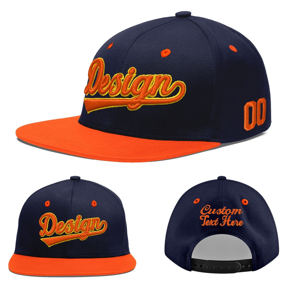 Custom Navy Orange 3D Puff Embroidery Flat Embroidery Casual Sport Baseball Cap